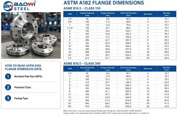 ASTM A182 Flange Dimensions Chart
