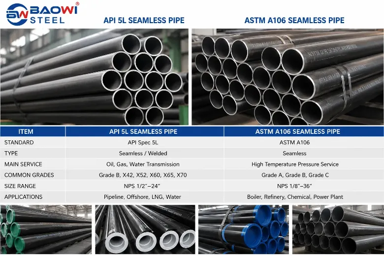 API 5L vs ASTM A106 Seamless Pipe Comparison Table