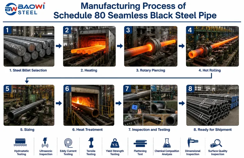 Manufacturing Flowchart for Schedule 80 Seamless Black Steel Pipe