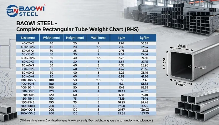Complete Rectangular Tube Weight Chart (RHS)