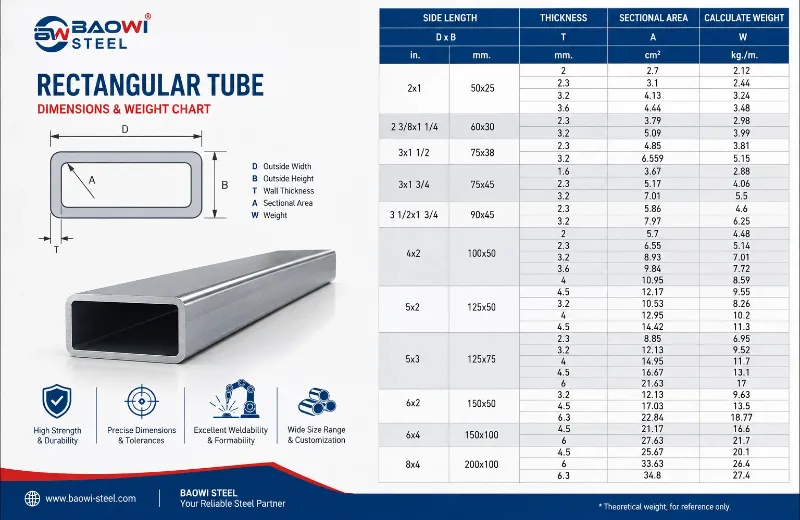 ASTM A513 Rectangular Tube Sizes Chart